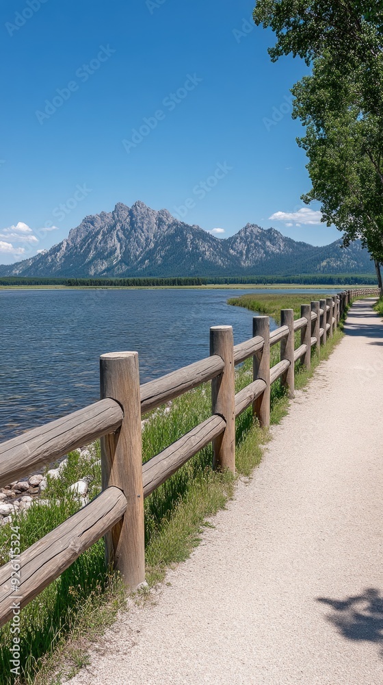 A serene walkway bordered by a wooden fence winds through green grass, leading toward majestic mountains in beautiful Yellowstone National Park