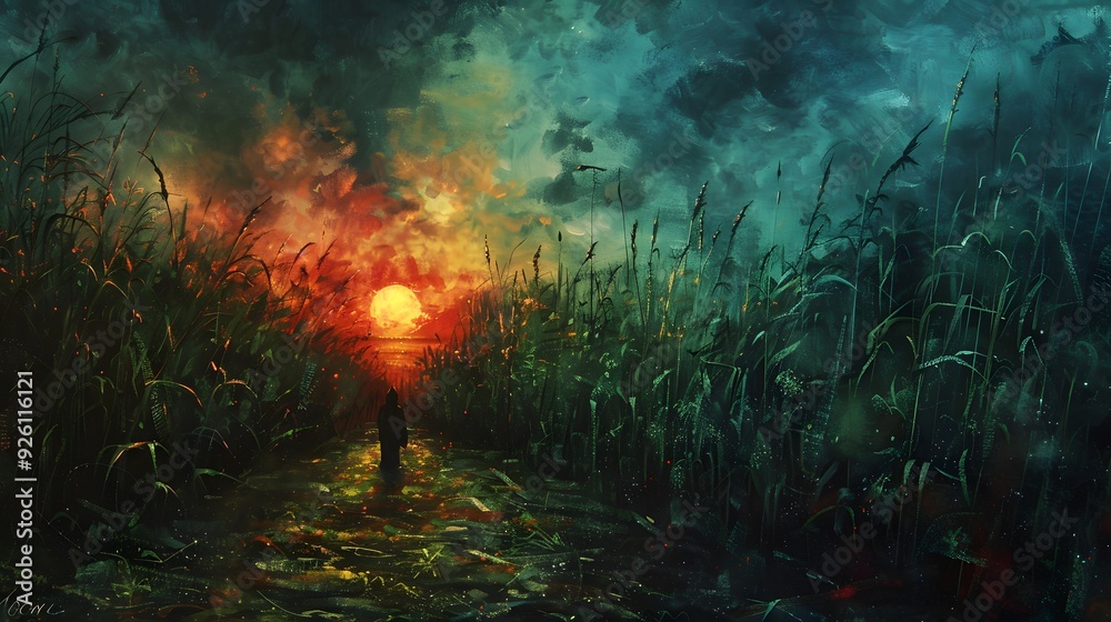 Silhouette of a person in a field of tall grass at sunset. Silhouette of a person in a field of tall grass at sunset.
