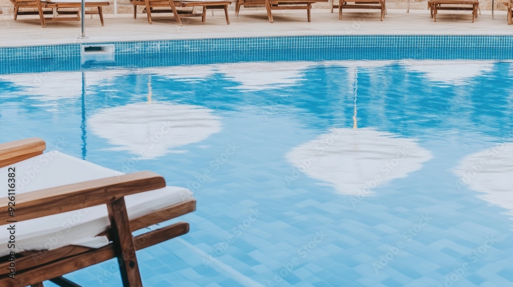 Obraz premium Sun loungers line the edge of a shimmering pool, featuring white umbrellas and a bright atmosphere on a sunny day