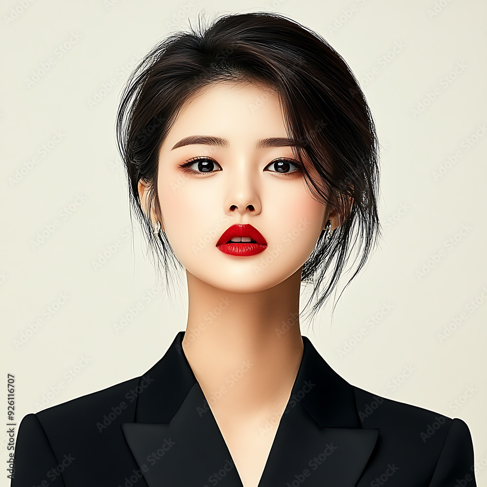 23. Sophisticated Korean beauty with a slick back hairstyle, bold lips, intense gaze 23. Sophisticated Korean beauty with a slick back hairstyle, bold lips, intense gaze