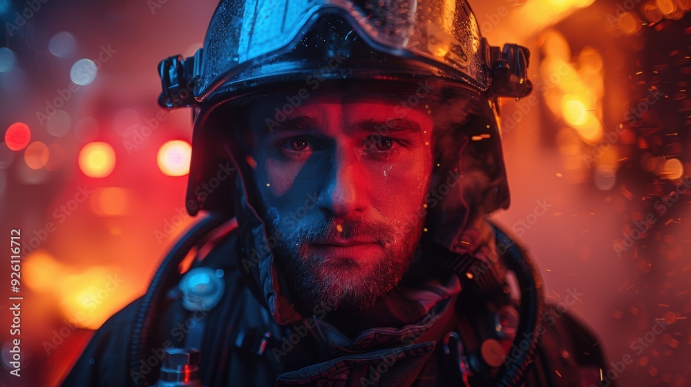 Firefighter stands amidst smoke and flames during an emergency response at night