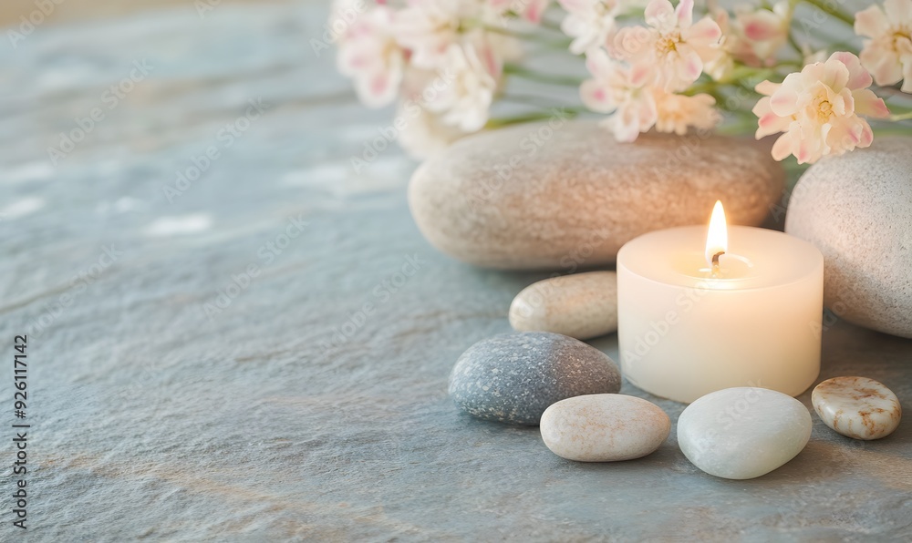 Zen Candle Arrangement with Flowers and Stones, Generative AI Zen Candle Arrangement with Flowers and Stones, Generative AI
