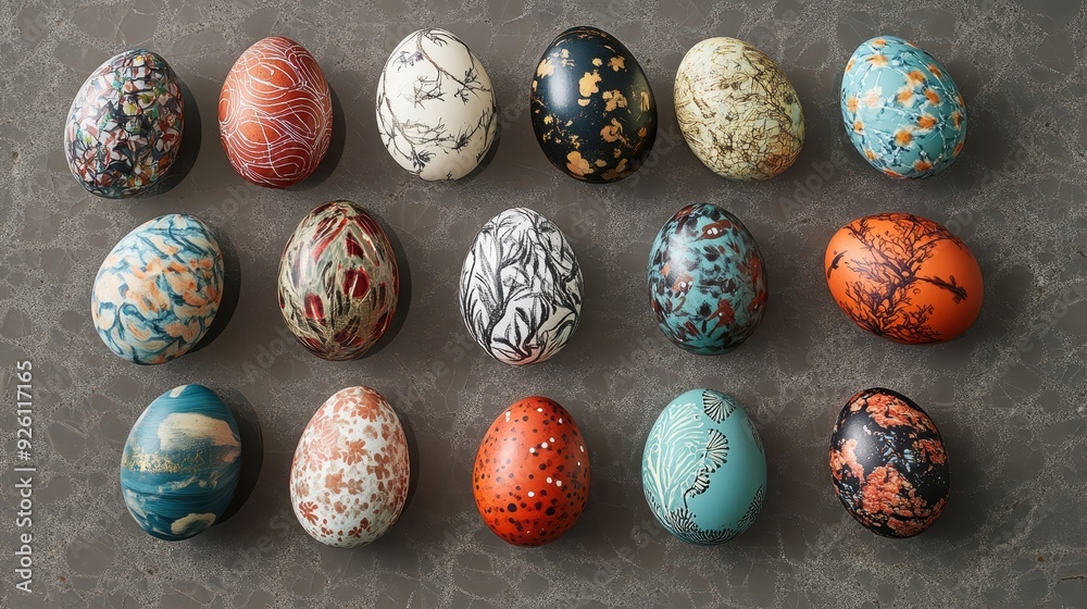 Intricately designed decorative eggs are displayed in various colors and patterns on a stylish surface Intricately designed decorative eggs are displayed in various colors and patterns on a stylish surface
