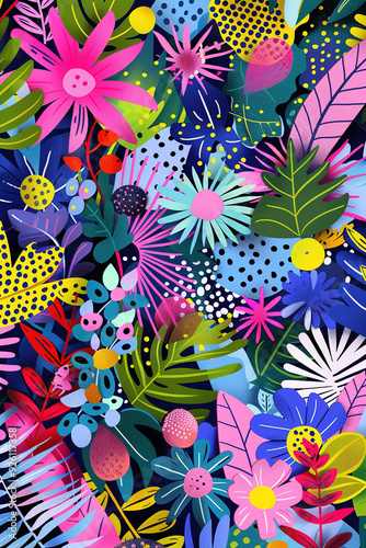 Colorful tropical flowers and plants forming a dense pattern
