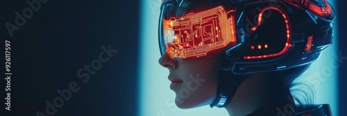 Woman Wearing Futuristic Augmented Reality Glasses - A woman wears a futuristic helmet with red glowing augmented reality glasses. The image evokes concepts of technology, innovation, the future, cybe photo