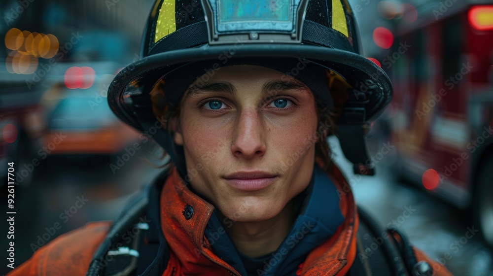 Young firefighter in helmet stands confidently on a busy city street during a rainy day as traffic moves behind him Young firefighter in helmet stands confidently on a busy city street during a rainy day as traffic moves behind him