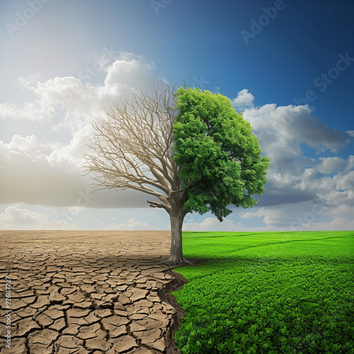 Tree illustrating climate change, split landscape, barren and green, environmental awareness, nature's contrast