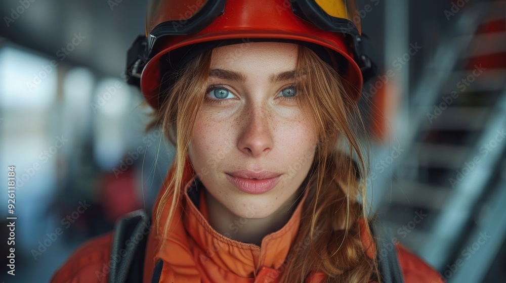 Young female worker in safety gear poses confidently indoors at an industrial site during daylight hours Young female worker in safety gear poses confidently indoors at an industrial site during daylight hours