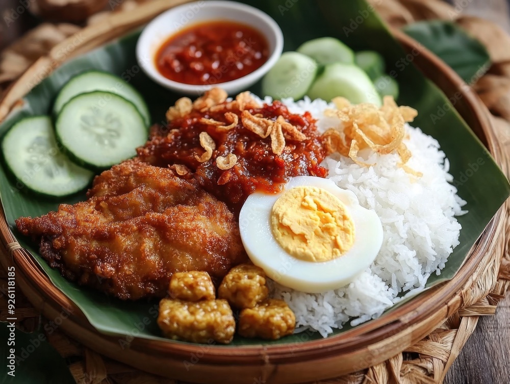 A delicious plate of fried chicken, rice, and accompaniments served in a traditional style. A delicious plate of fried chicken, rice, and accompaniments served in a traditional style.