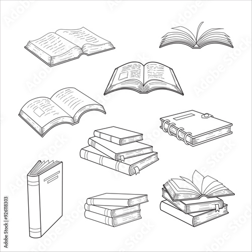 Hand drawing books set. Drawn sketch of literature. School or college students library book illustration vector  line art.