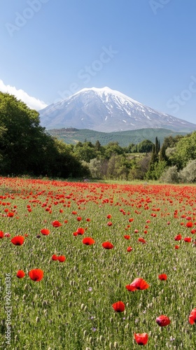 A field bursts with blooming red poppies and purple violets, framed by the majestic snow-capped Aravah Mountain range in Armenia photo