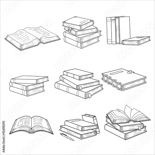 Hand drawing books set. Drawn sketch of literature. School or college students library book illustration vector collection line art.