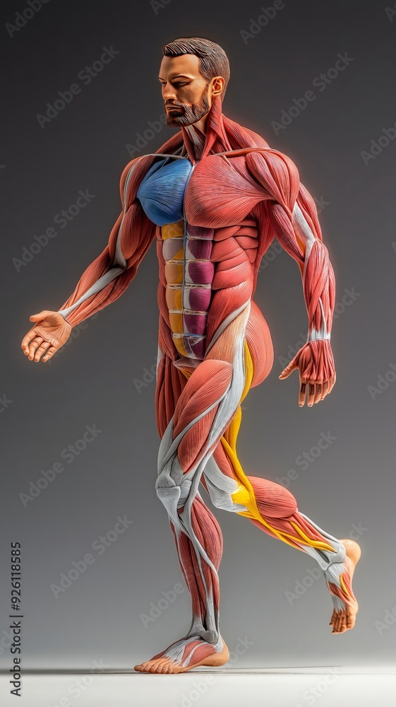 Detailed anatomical model illustrating human muscles, showcasing body structure and movement in an educational context. Detailed anatomical model illustrating human muscles, showcasing body structure and movement in an educational context.