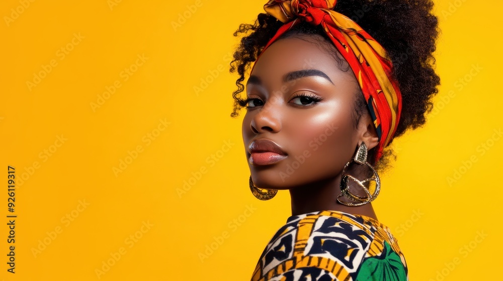 A woman models colorful African fashion with bold accessories, highlighting her confident expression against a cheerful yellow backdrop A woman models colorful African fashion with bold accessories, highlighting her confident expression against a cheerful yellow backdrop