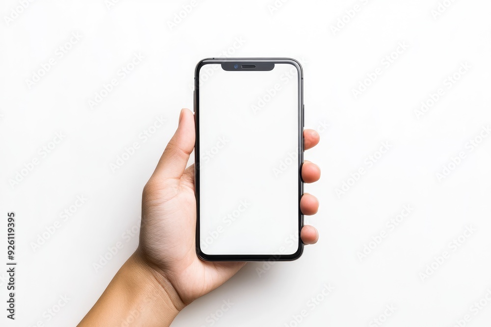 Hand showing smartphone with blank screen isolated on white background with generative ai Hand showing smartphone with blank screen isolated on white background with generative ai