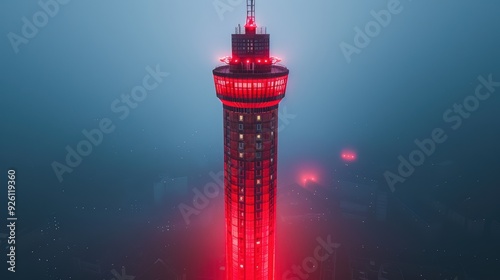 Aerial view of a tall tower illuminated in red lights during foggy evening in an urban landscape