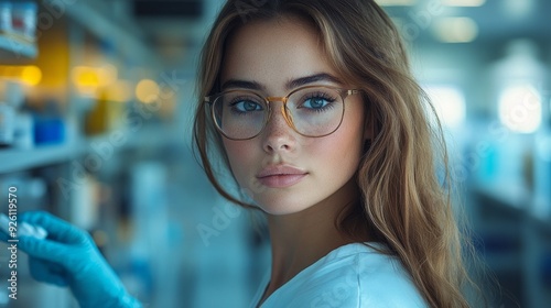 A young woman with glasses meticulously conducts research in a vibrant laboratory filled with colorful samples and equipment, showcasing her dedication and intelligence