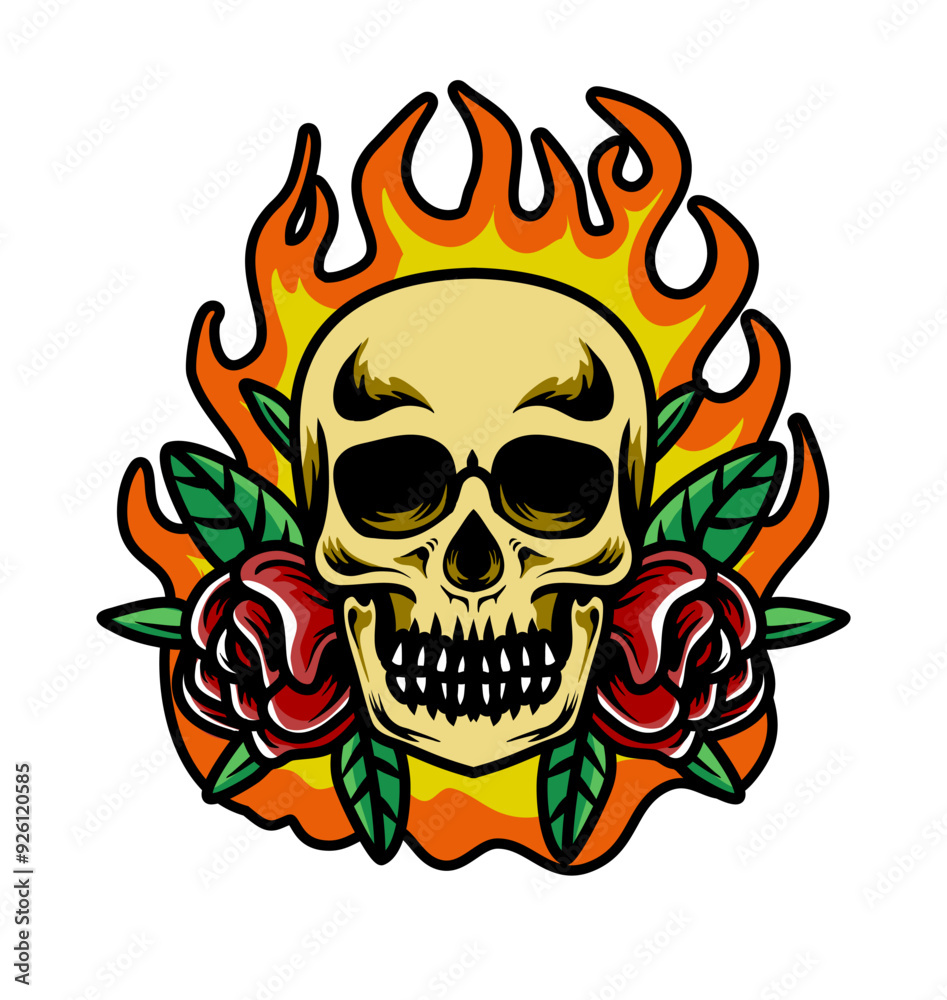 skull and crossbones with flames and roses design for apparel o clothing