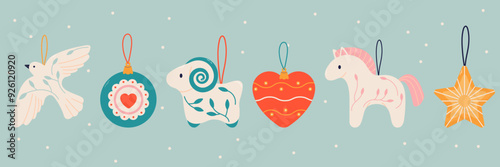 Vintage set of Christmas toys and decorations. Christmas holiday toys and decor. Animal-shaped decorations, dove, horse, sheep. Trendy modern vector illustration, hand drawn, flat design, isolated.