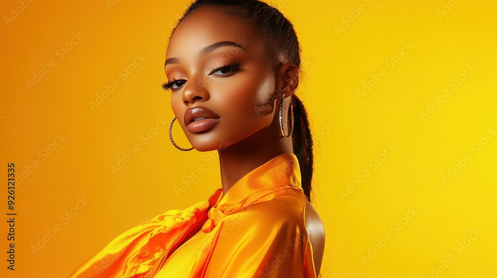 A model showcases her style in an orange ensemble, striking a confident pose against a yellow background A model showcases her style in an orange ensemble, striking a confident pose against a yellow background