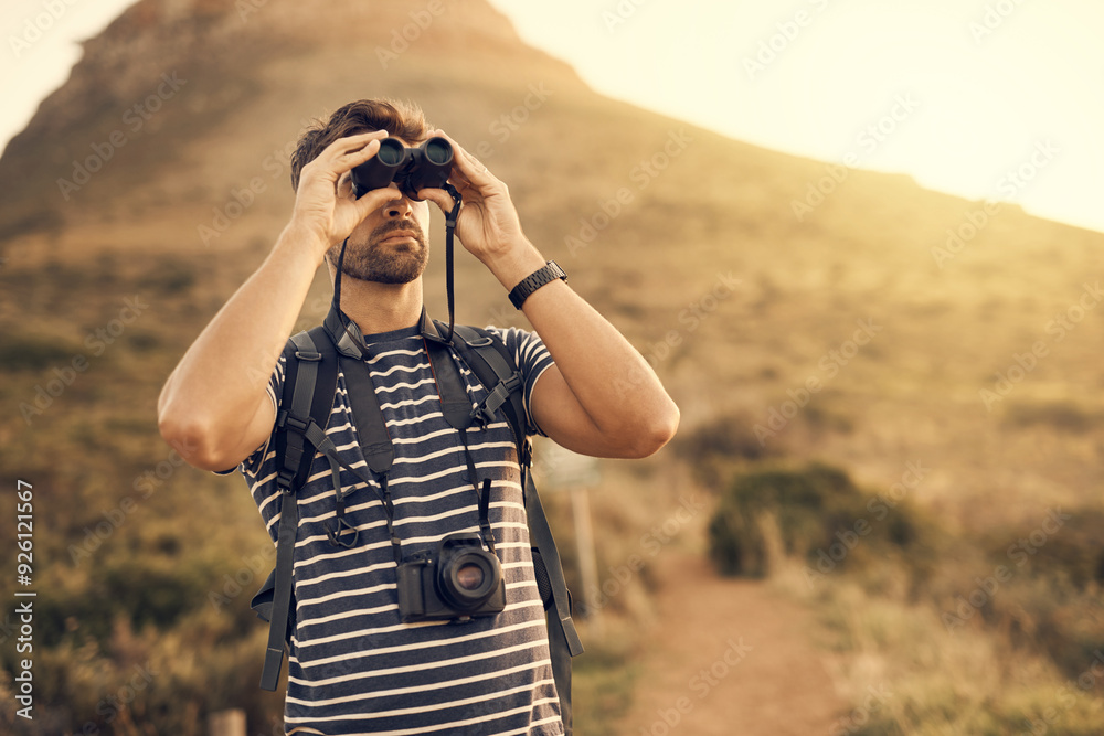 Man, nature and binocular on mountain for hiking, adventure and journey for documentation or explore on vacation. Male person, travel blogger and field glasses for outdoor observation with camera. Man, nature and binocular on mountain for hiking, adventure and journey for documentation or explore on vacation. Male person, travel blogger and field glasses for outdoor observation with camera.