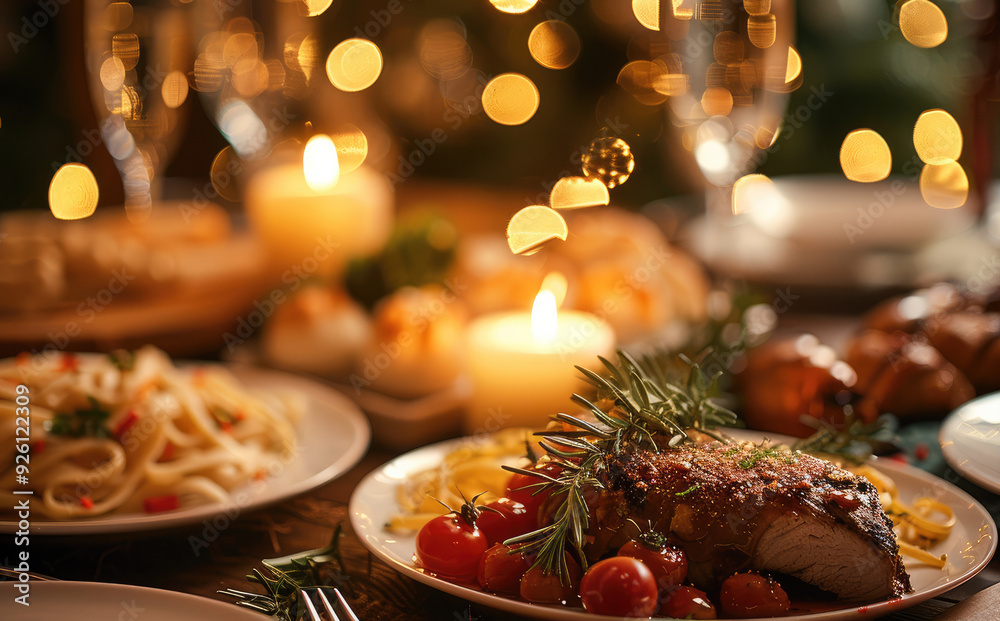 A table of food, delicious candlelight dinner, bokeh. Generative AI. A table of food, delicious candlelight dinner, bokeh. Generative AI.