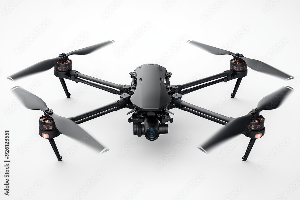 Professional drone with camera is hovering, ready to film Professional drone with camera is hovering, ready to film