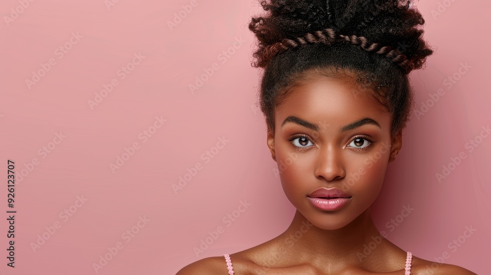 Young woman with natural curly hair poses against a pink backdrop, showcasing a confident expression in a close-up portrait Young woman with natural curly hair poses against a pink backdrop, showcasing a confident expression in a close-up portrait