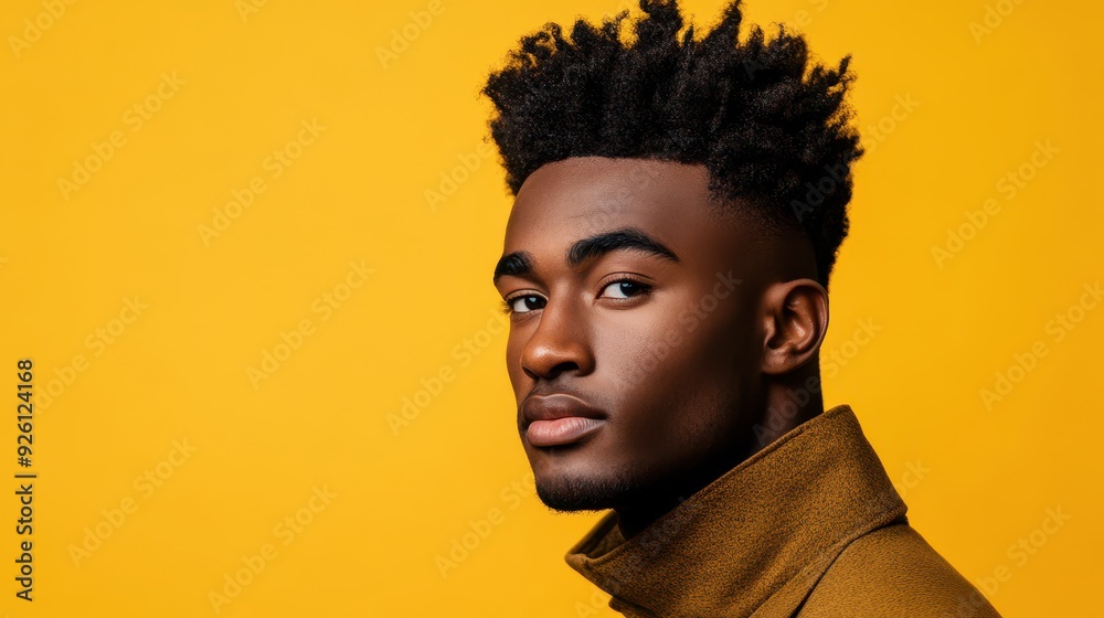 A young man with a fashionable haircut stands against a vivid yellow wall, exuding confidence and style