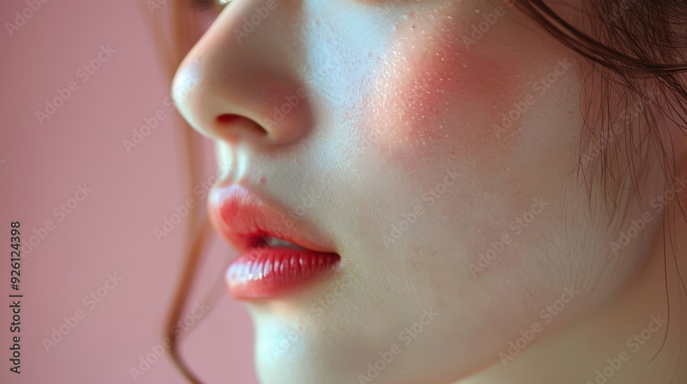 Close-up of a woman with soft makeup against a pink background during golden hour Close-up of a woman with soft makeup against a pink background during golden hour