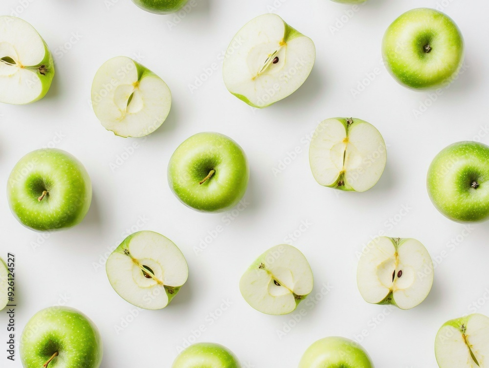 A flat lay of whole and halved green apples on a white background. A flat lay of whole and halved green apples on a white background.