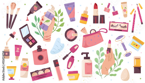 Various makeup products and cosmetics including brushes, lipsticks, and creams are scattered on a white background. Vector illustration of beauty and skincare items