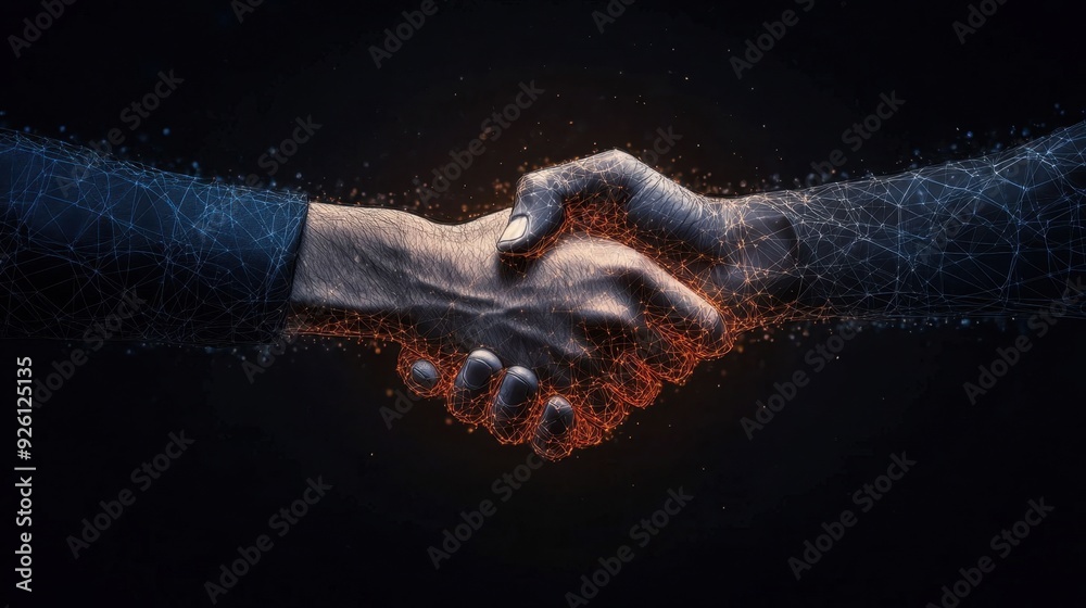 A handshake between two people is shown in a black background A handshake between two people is shown in a black background
