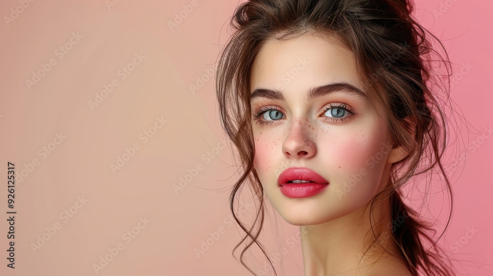 Portrait of a young woman with natural makeup and soft pink background Portrait of a young woman with natural makeup and soft pink background