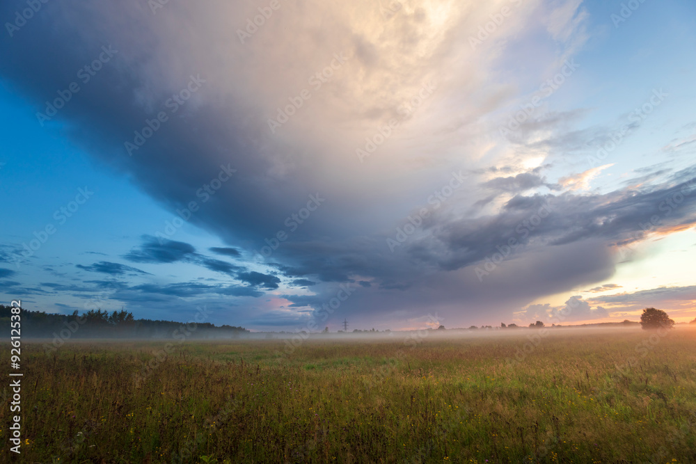 A large cloud is looming over a field of grass A large cloud is looming over a field of grass