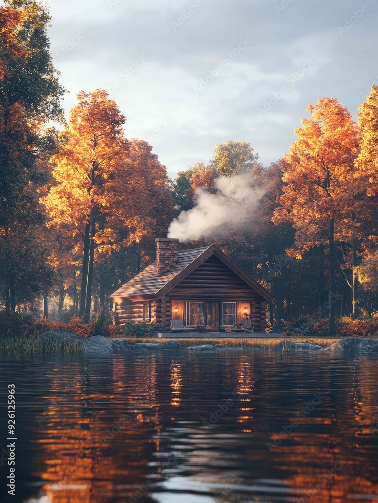 Fototapeta premium Serene Lakeside Cabin in Autumn with Rustic Tranquility