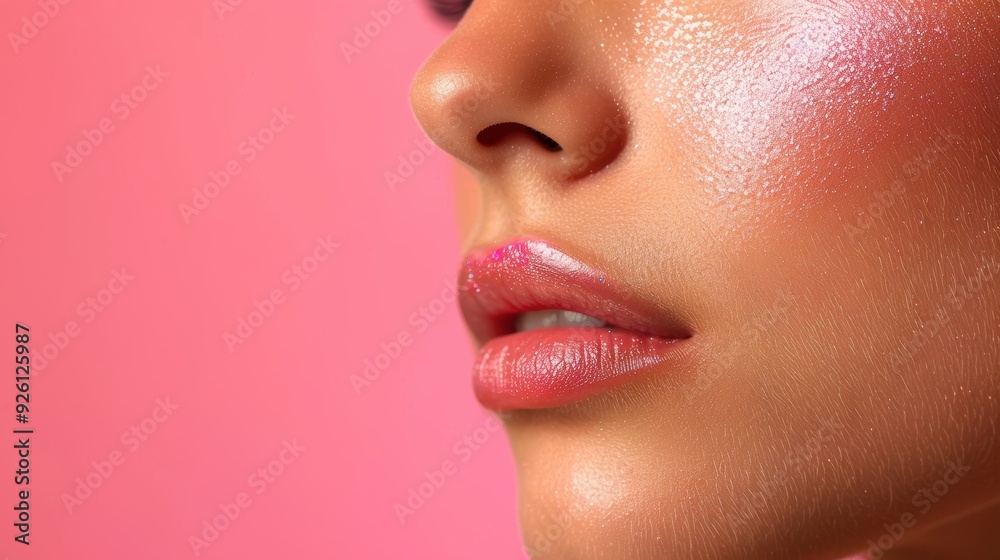 Close-up of a woman's face showcasing radiant skin and glossy lips against a vibrant pink background Close-up of a woman's face showcasing radiant skin and glossy lips against a vibrant pink background