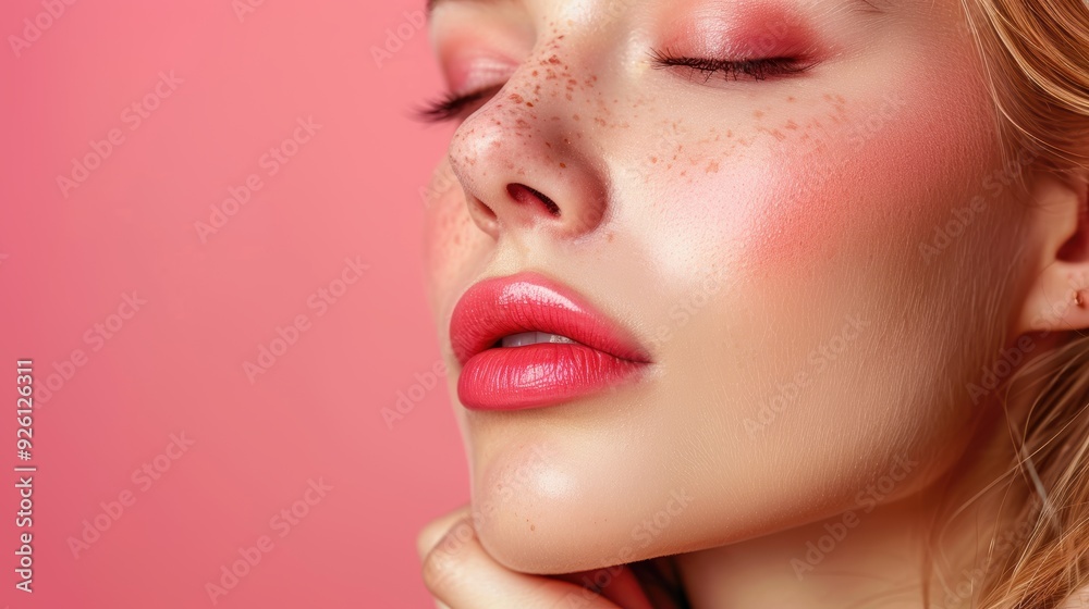 Close-up of a woman's face with soft makeup, showing rosy cheeks and freckled skin against a pink background Close-up of a woman's face with soft makeup, showing rosy cheeks and freckled skin against a pink background