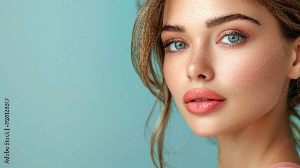 Young woman with blue eyes and soft features poses against a light blue background during a beauty photoshoot Young woman with blue eyes and soft features poses against a light blue background during a beauty photoshoot