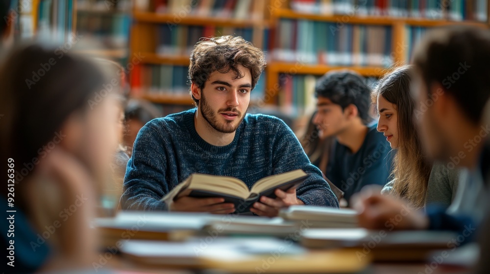 Young man reading a book in a Young man reading a book in a