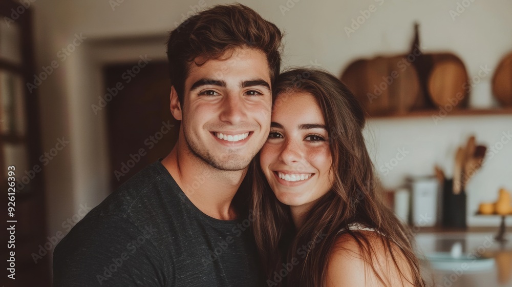 A man and woman smiling for the camera in a kitchen, AI A man and woman smiling for the camera in a kitchen, AI