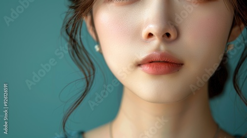 Close-up of a young woman with wavy hair against a blue background, showcasing her natural beauty and soft makeup