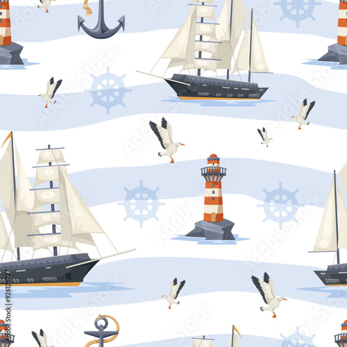Seamless pattern featuring sailing ships, lighthouses, seagulls against a light blue and white wavy background. Nautical elements such as anchors and ship wheels are also present. Vector illustration