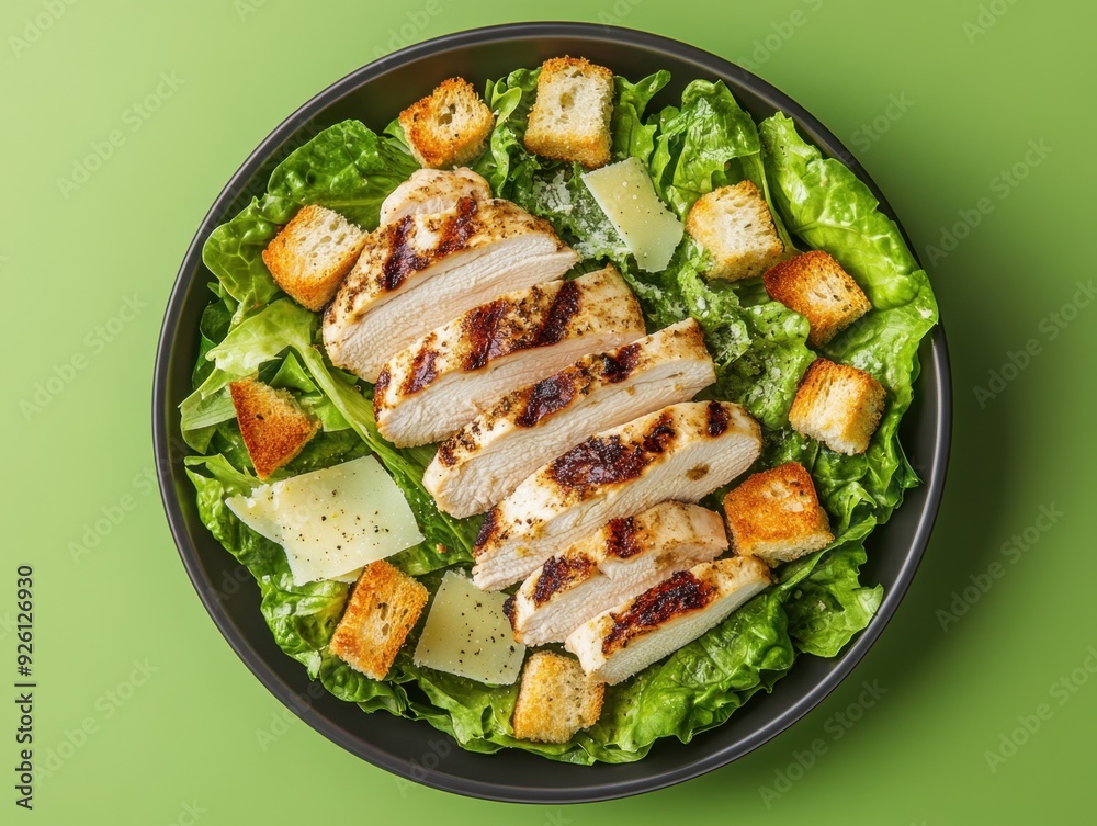 A fresh salad topped with grilled chicken, croutons, and cheese on a green background. A fresh salad topped with grilled chicken, croutons, and cheese on a green background.