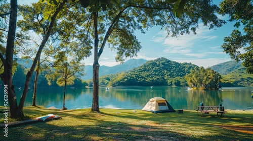 Fototapeta Naklejka Na Ścianę i Meble -  Camping picnic green tent campground in outdoor park lake, camper while campsite in mountain and lake nature background at summer trip camp