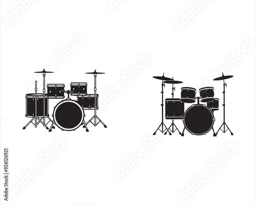 create a black silhouette Musical instrument Drum Kit Vector on white background