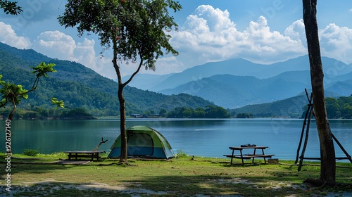 Fototapeta Naklejka Na Ścianę i Meble -  Camping picnic green tent campground in outdoor park lake, camper while campsite in mountain and lake nature background at summer trip camp