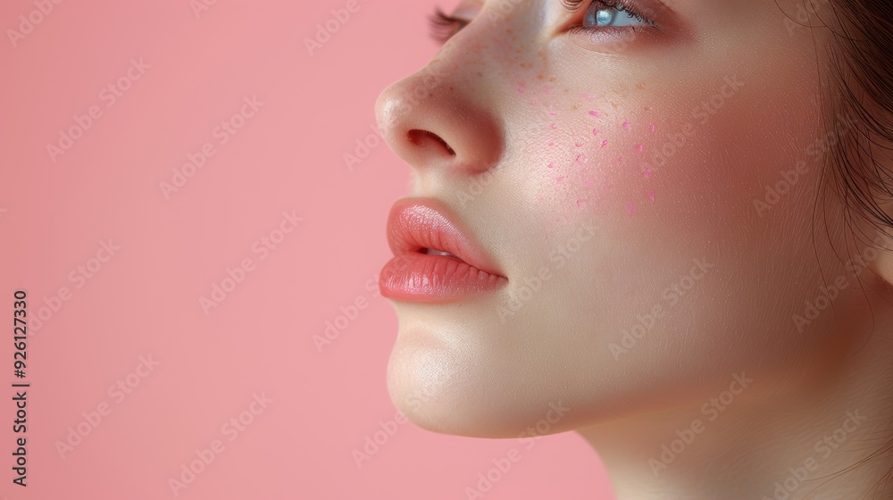 Close-up portrait of a young woman with natural makeup against a soft pink background, highlighting her features and expressive gaze Close-up portrait of a young woman with natural makeup against a soft pink background, highlighting her features and expressive gaze