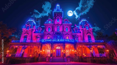 Eerie Haunted Mansion on Halloween Night under Full Moon Light