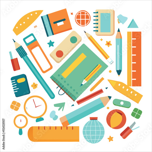 Set Of Classroom Essentials Border. A white background with a frame made of vector illustrations of books, backpacks, pencils, and rulers surrounding the edges